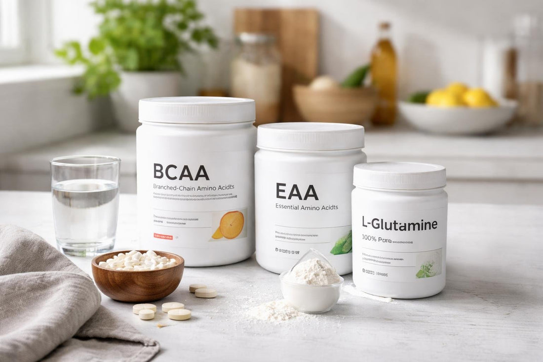 Budget-friendly amino acids supplements with clear labels and scoop