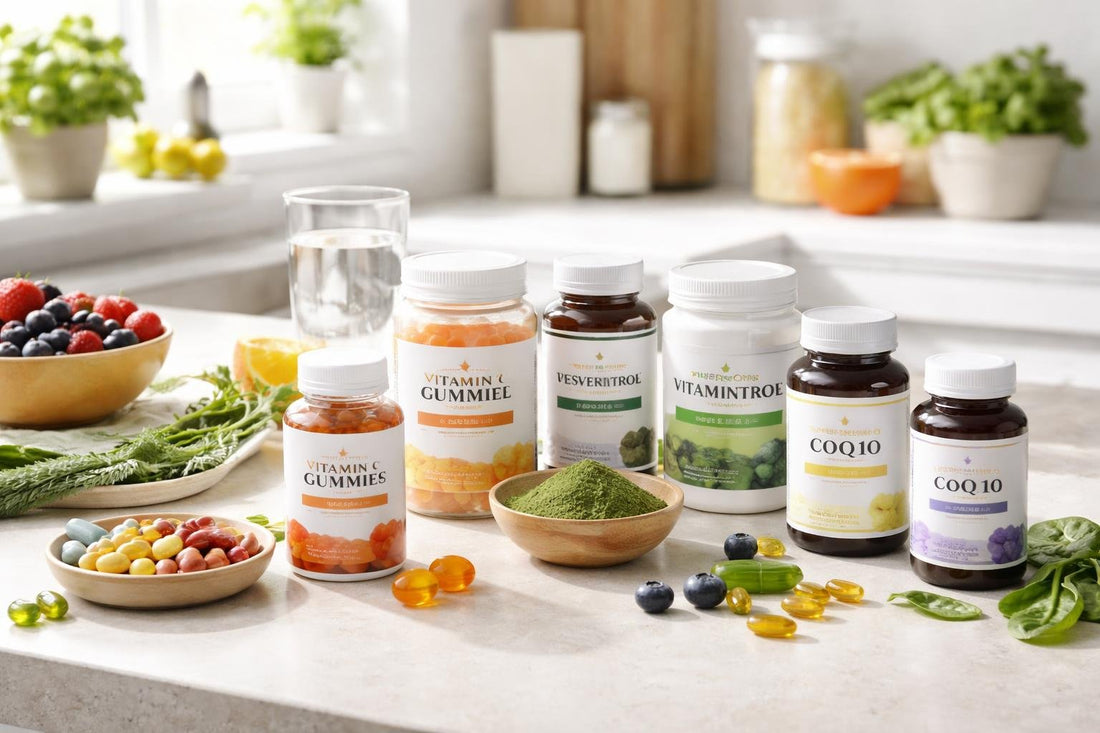 Budget-friendly antioxidant supplement options laid out on kitchen counter