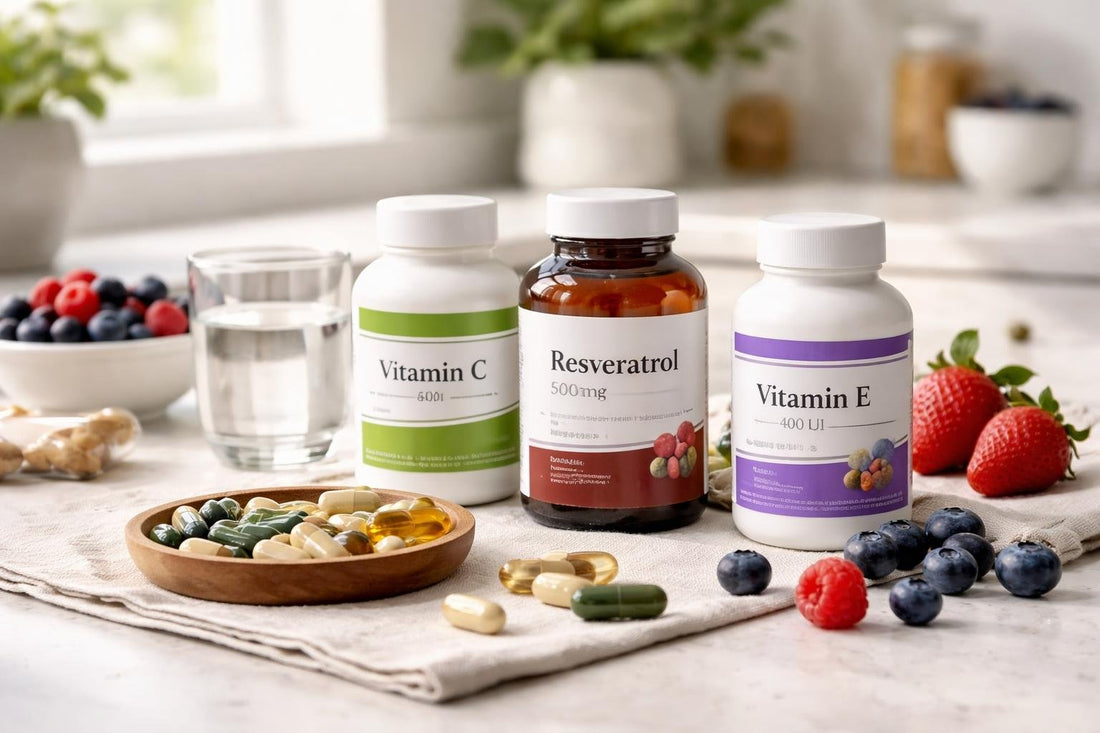Budget-friendly antioxidant supplements arranged with capsules and berries