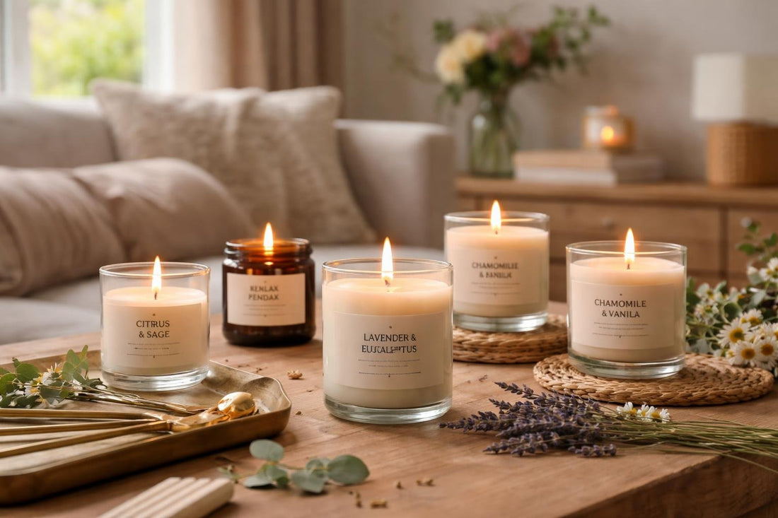 Budget aromatherapy candles with relaxing scents in a cosy UK home