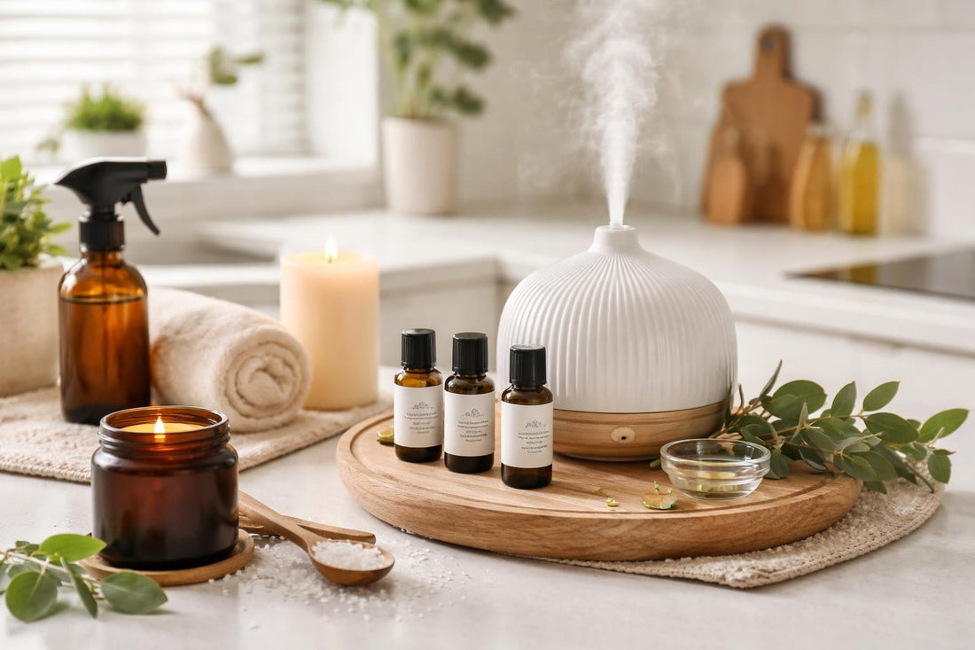 Budget-friendly aromatherapy essentials arranged beside a home diffuser