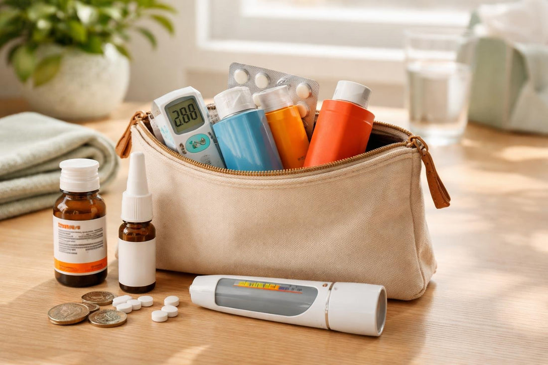 Budget-friendly asthma medicine essentials arranged in a travel pouch