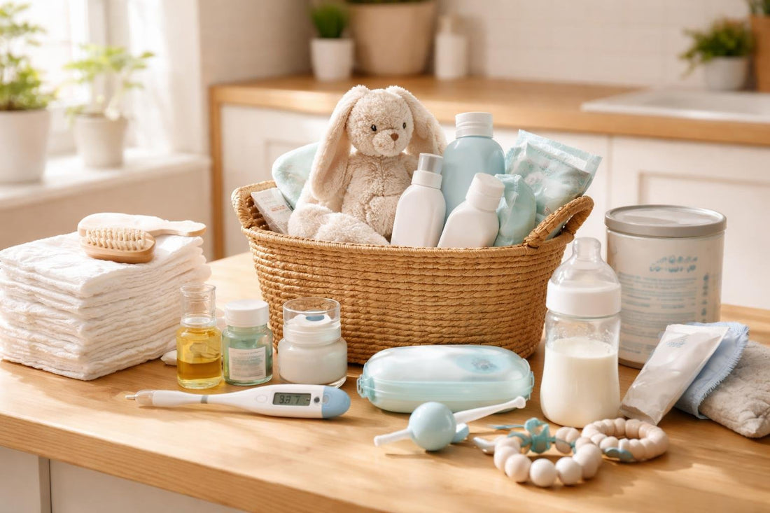 Affordable baby and child care essentials laid out at home