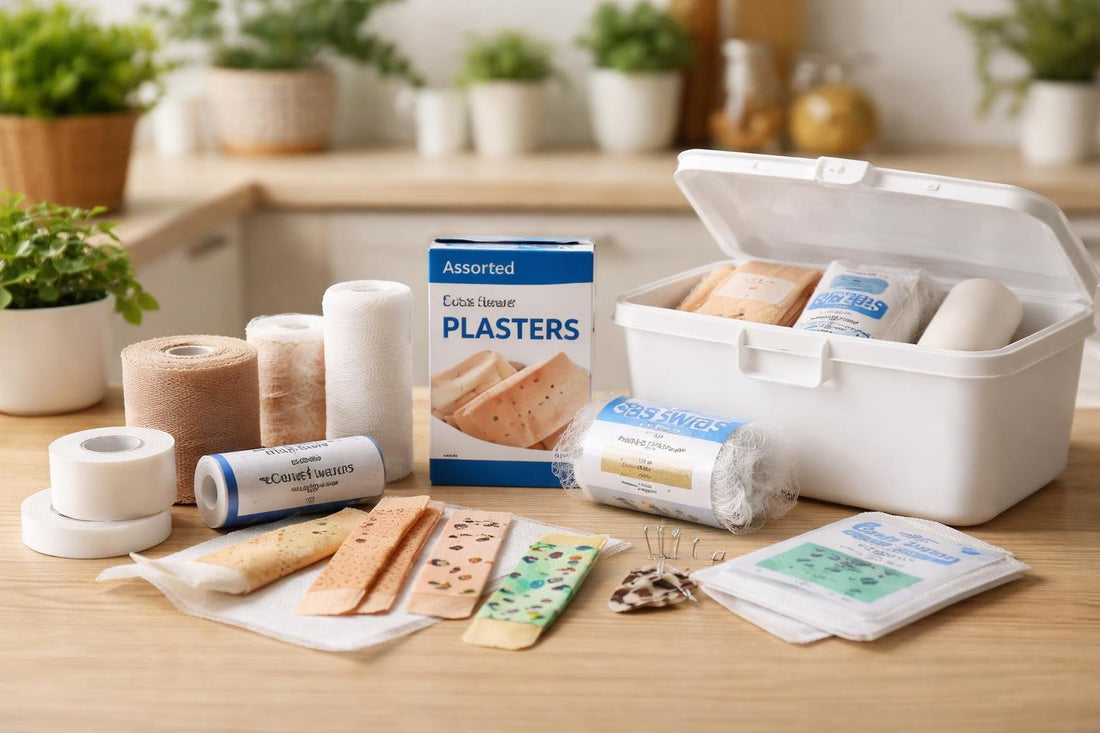 Budget bandages and tape arranged for a UK home kit