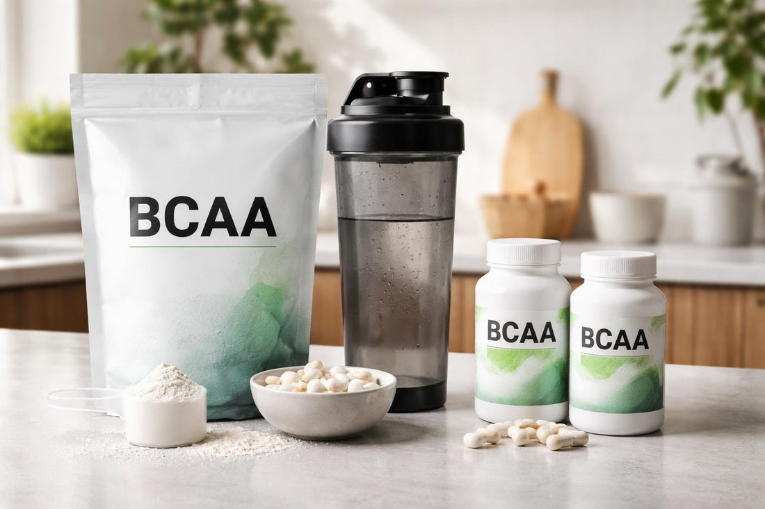 Budget BCAA powder and capsules laid out with shaker