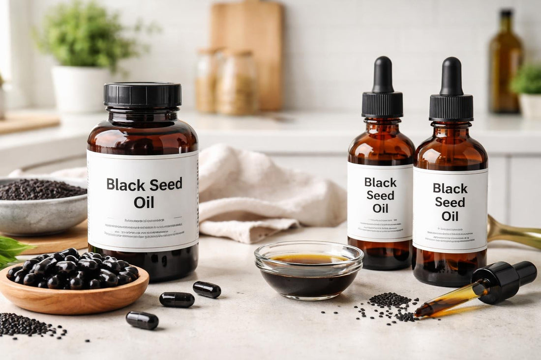 Budget black seed oil capsules and liquid bottles in UK
