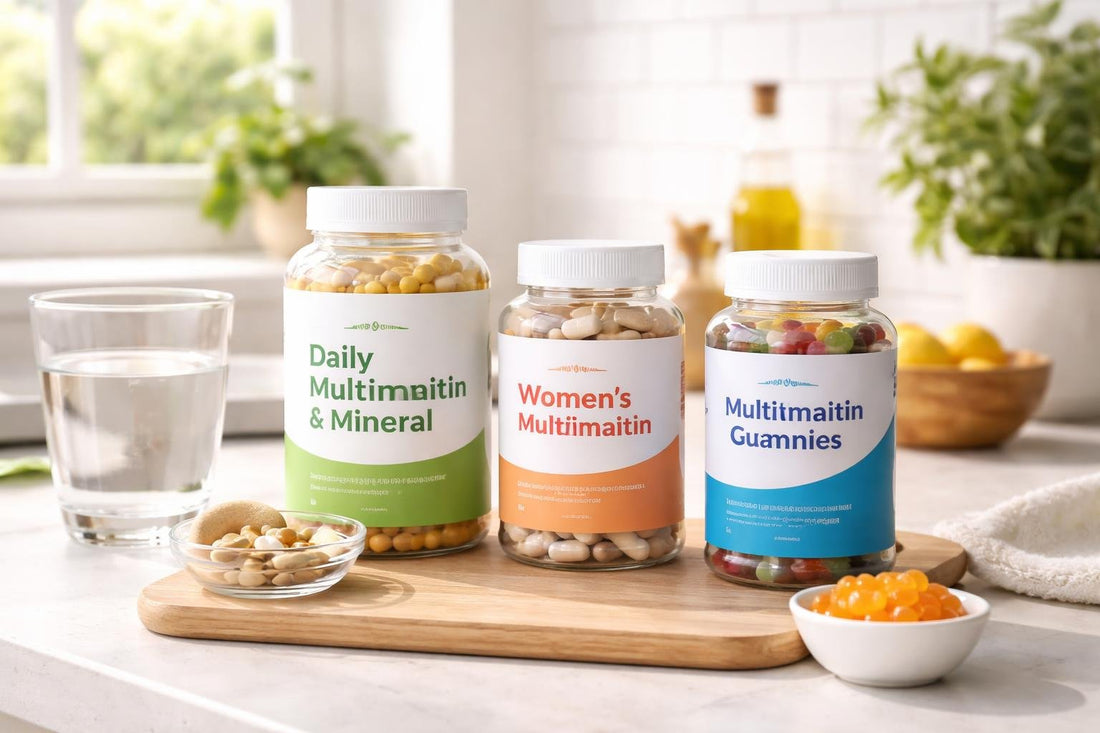Affordable blended vitamin and mineral essentials bottles on kitchen counter