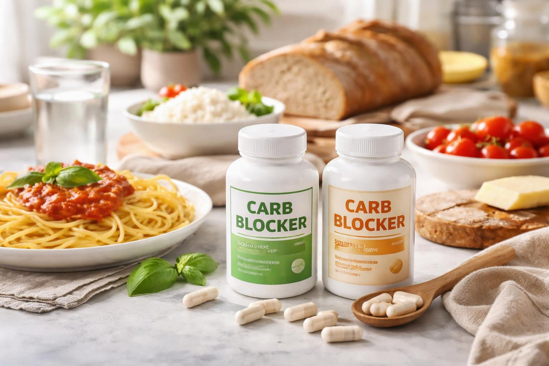 Budget carbohydrate blocker supplements beside pasta and bread