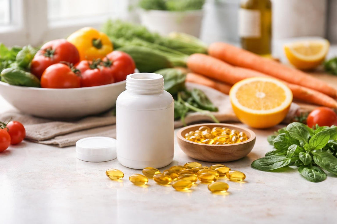 Budget carotenoid supplement capsules beside colourful vegetables