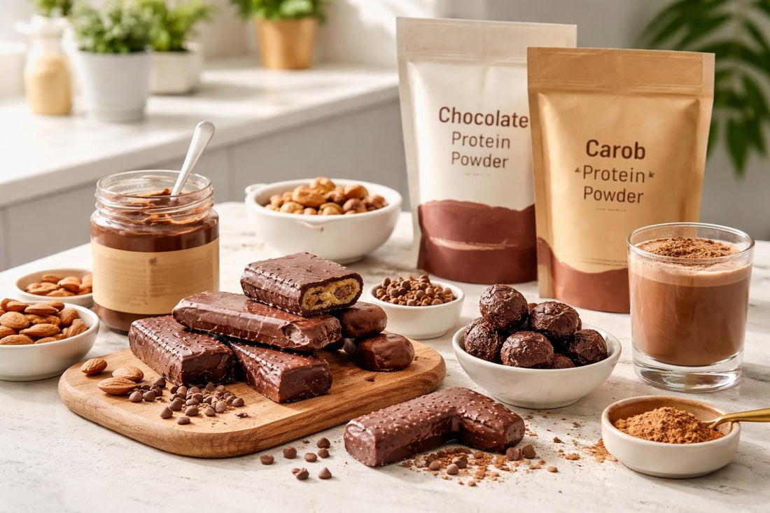 Budget chocolate and carob nutrition snacks laid out on table