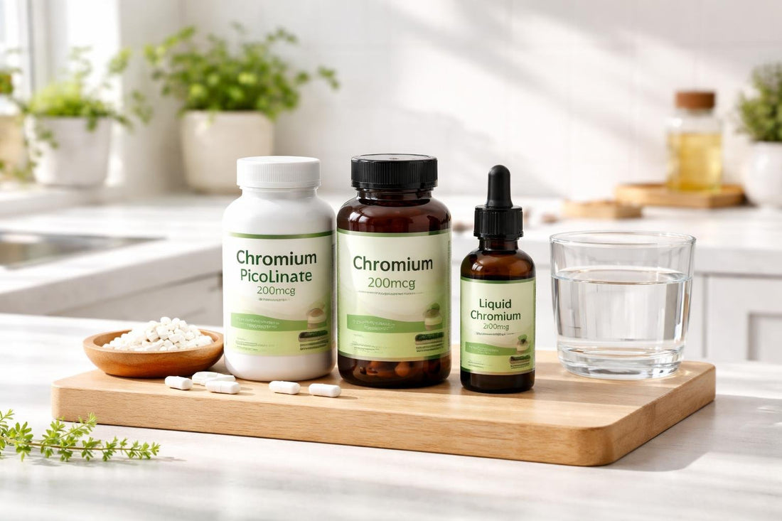 Budget chromium mineral supplement bottles on a UK kitchen counter