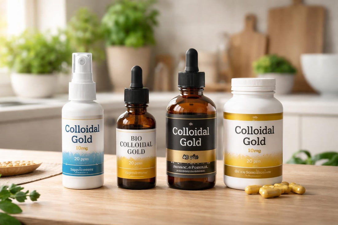 Budget colloidal gold mineral supplement bottles on UK shelf