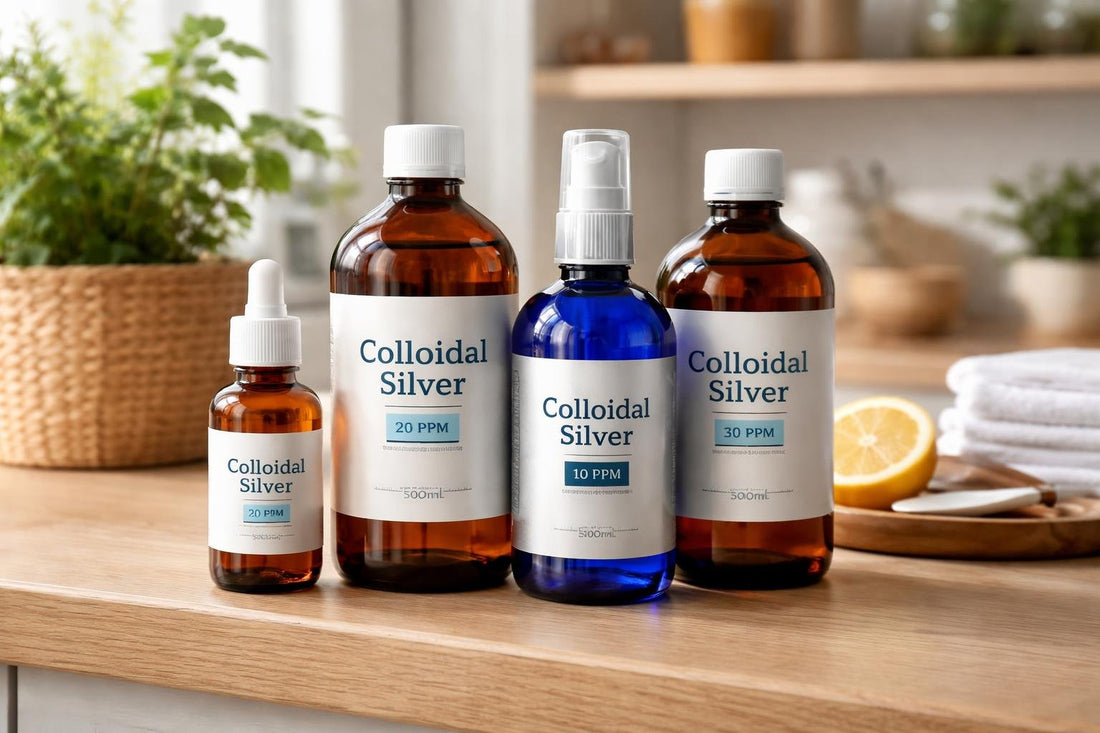 Budget-friendly colloidal silver mineral bottles on a UK shelf