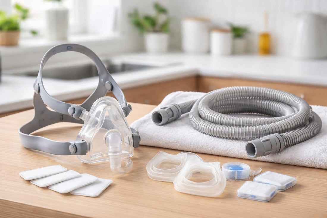 Affordable CPAP mask, tubing and filters laid out neatly