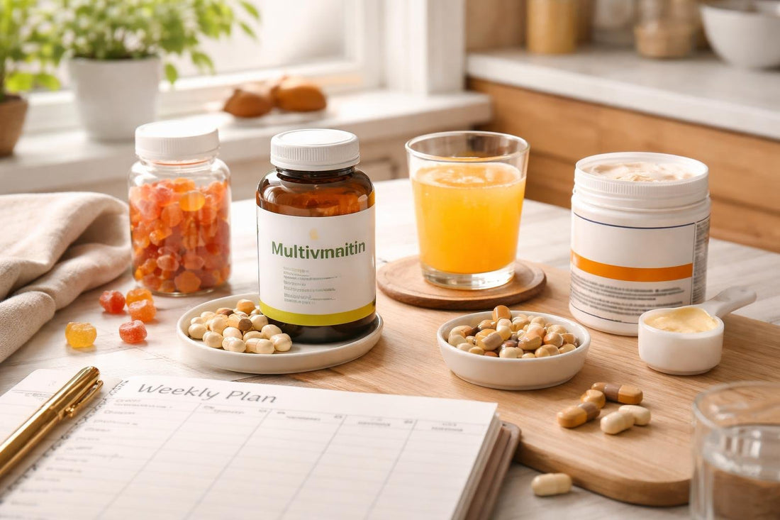Affordable daily multivitamin essentials laid out with weekly planner