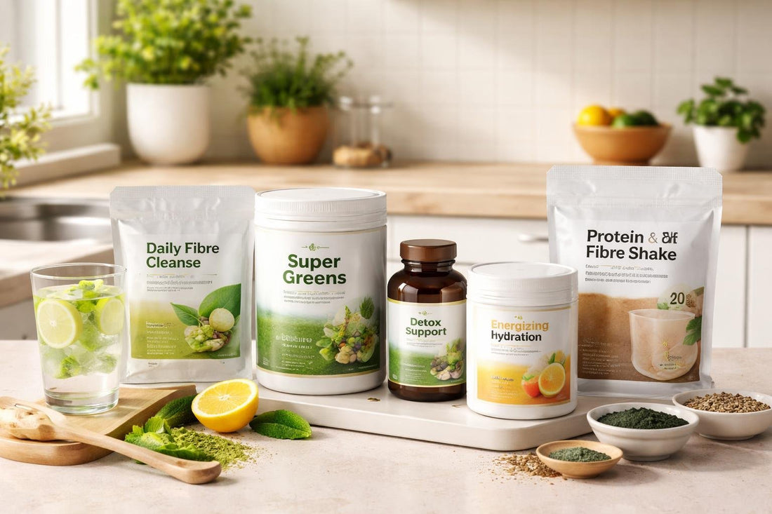 Budget detox and cleanse supplements laid out on kitchen counter