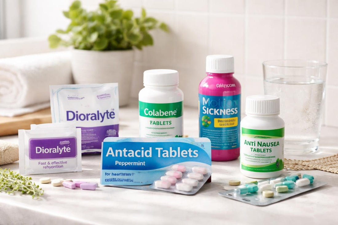 Budget digestion and nausea medicines on a UK bathroom shelf