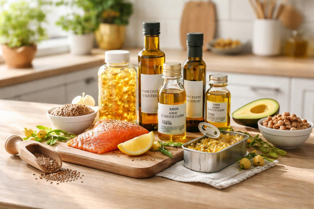 Budget-friendly essential fatty acids and oils on kitchen counter