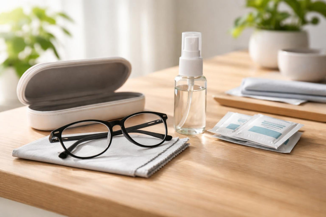Budget eyeglass care essentials kit with cloth, spray and case