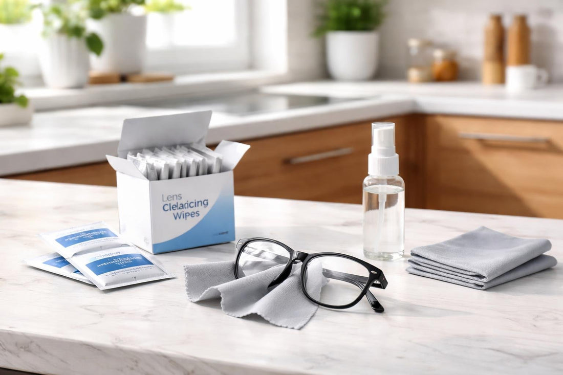 Budget eyeglass cleaning tissues and microfibre cloth on lenses