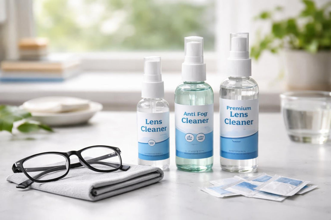 Budget eyeglass cleaning fluid and microfibre cloth on desk