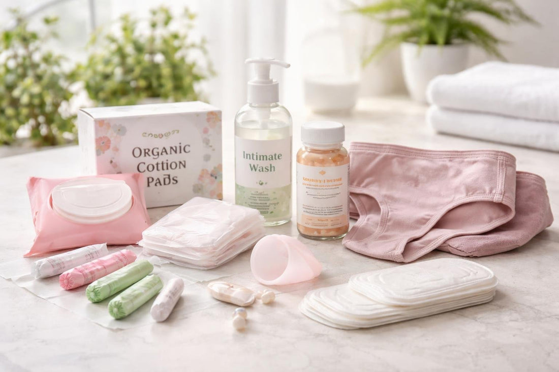 Budget feminine hygiene essentials laid out for daily comfort