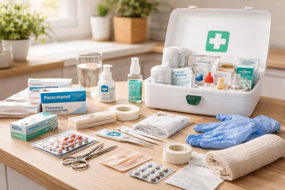 Budget-friendly home first aid kit essentials laid out neatly