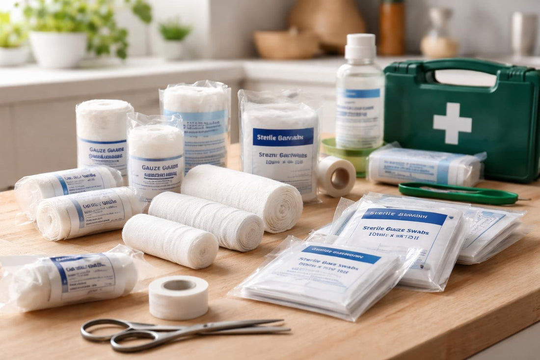 Budget first aid gauze essentials laid out for UK home kit