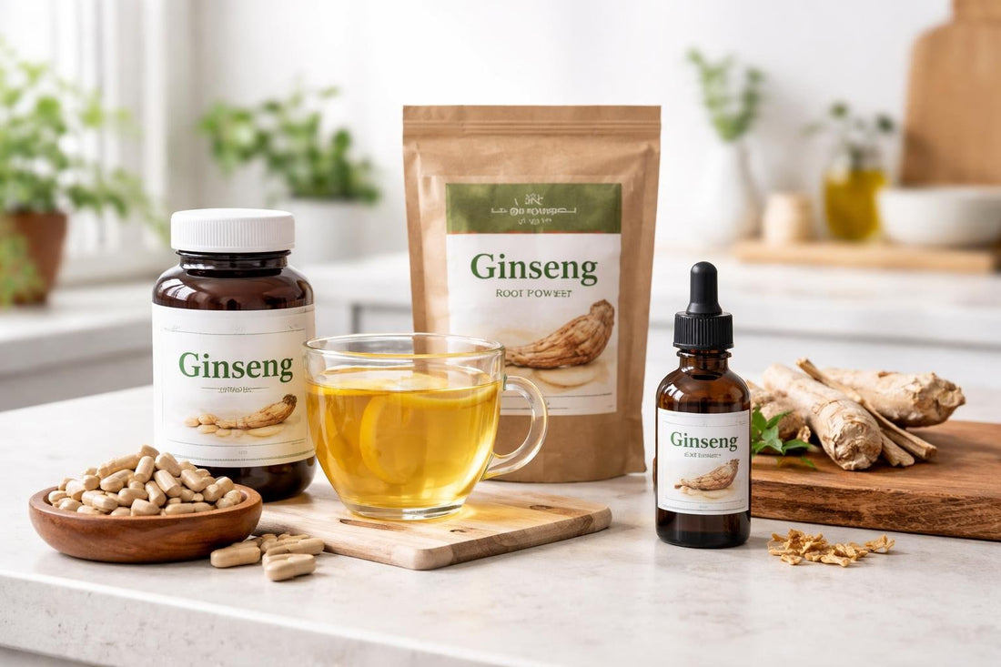 Budget ginseng supplements in capsules, tea and extract forms