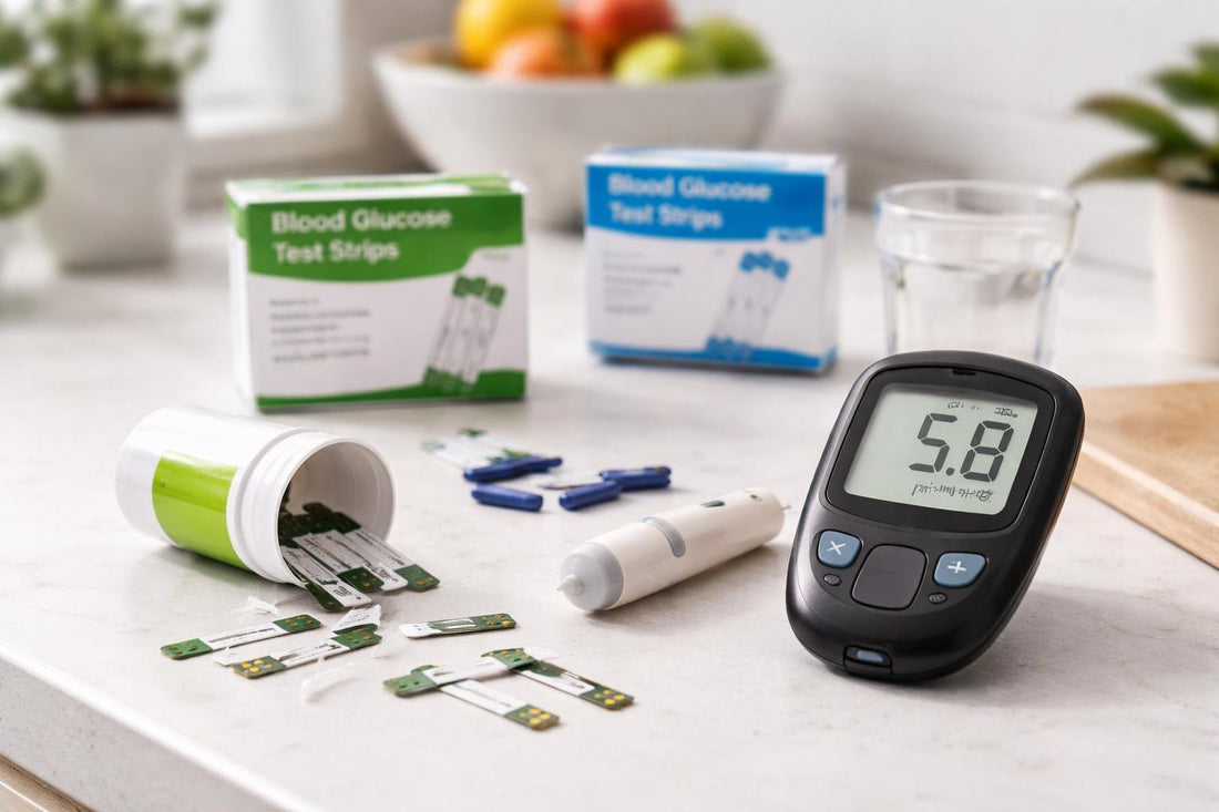 Budget diabetic blood glucose test strips laid beside a meter