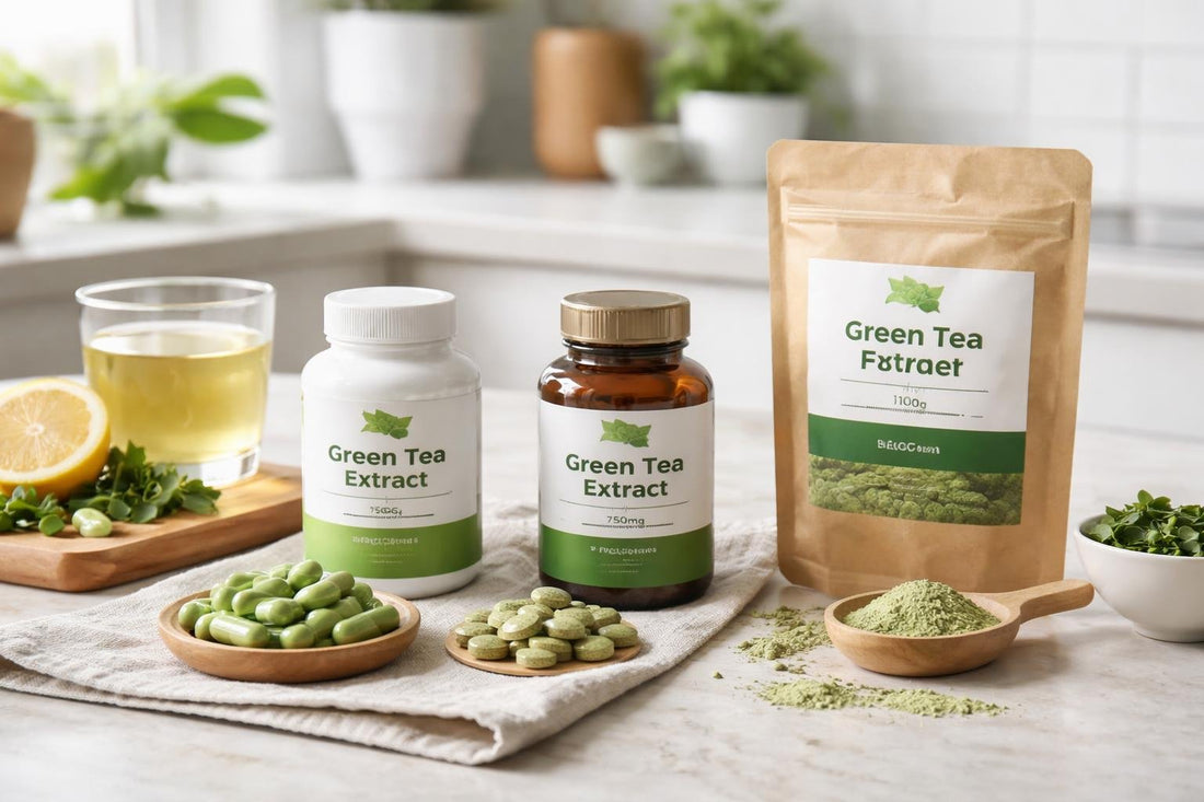 Budget green tea extract capsules and tablets on kitchen counter