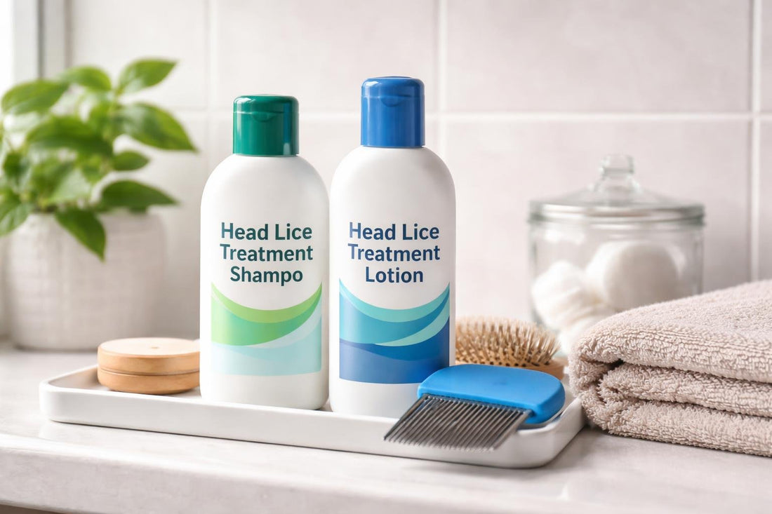 Budget head lice shampoo and nit comb on bathroom shelf