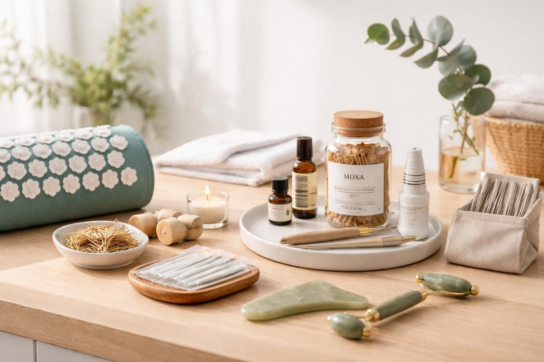 Budget-friendly home acupuncture essentials laid out neatly