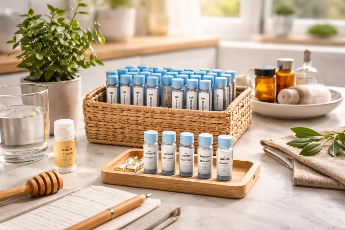 Budget-friendly single homeopathic remedies organised in a UK home kit