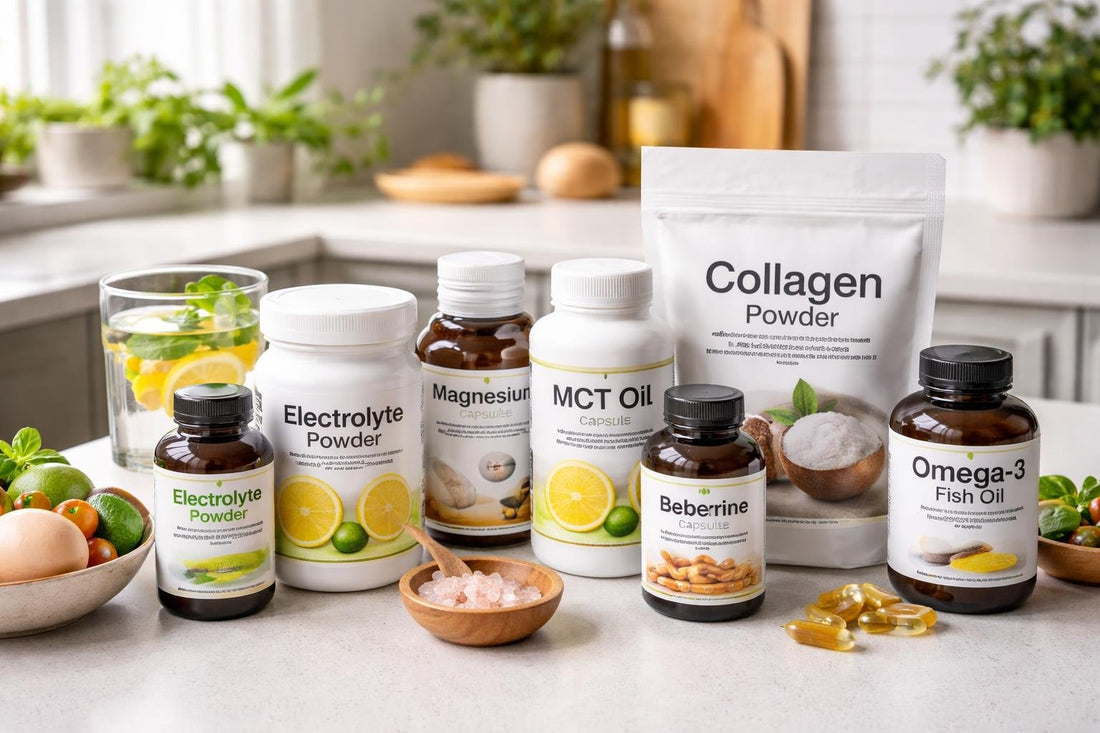 Seven budget keto supplements laid out on a UK kitchen counter