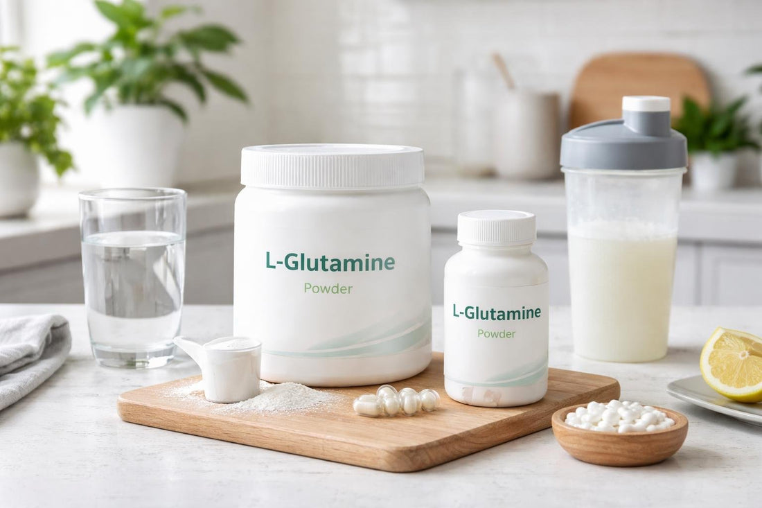 Budget L glutamine supplement powder and capsules on table