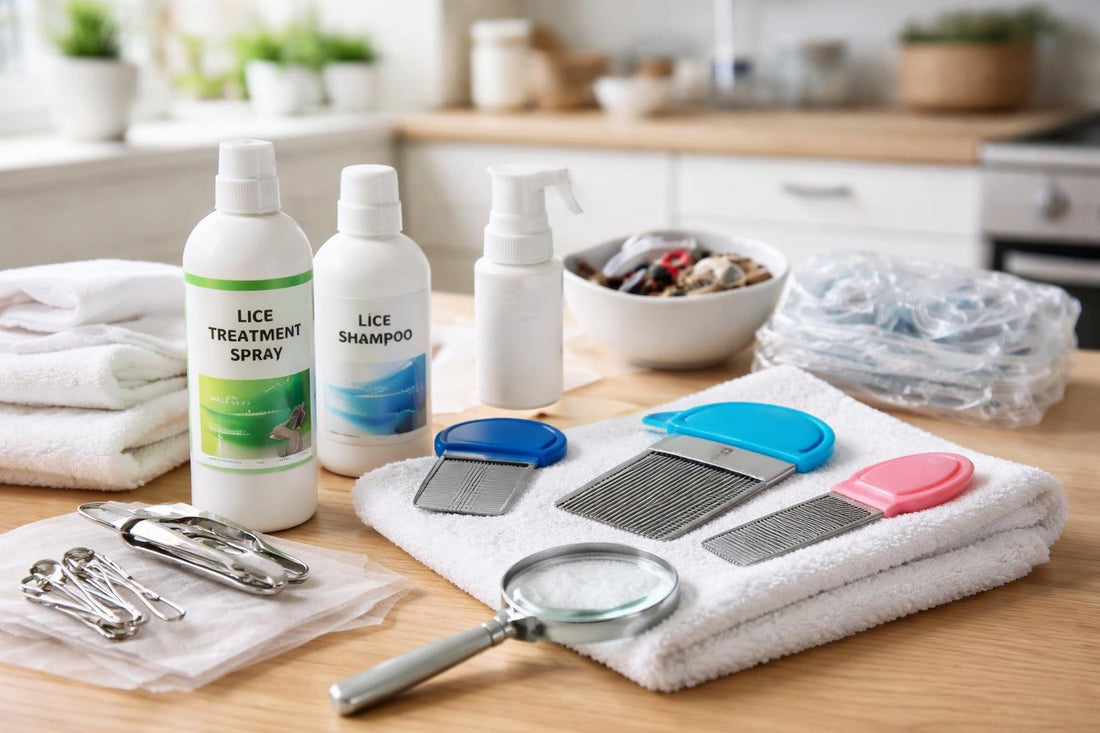 Budget head lice treatment kit laid out on table