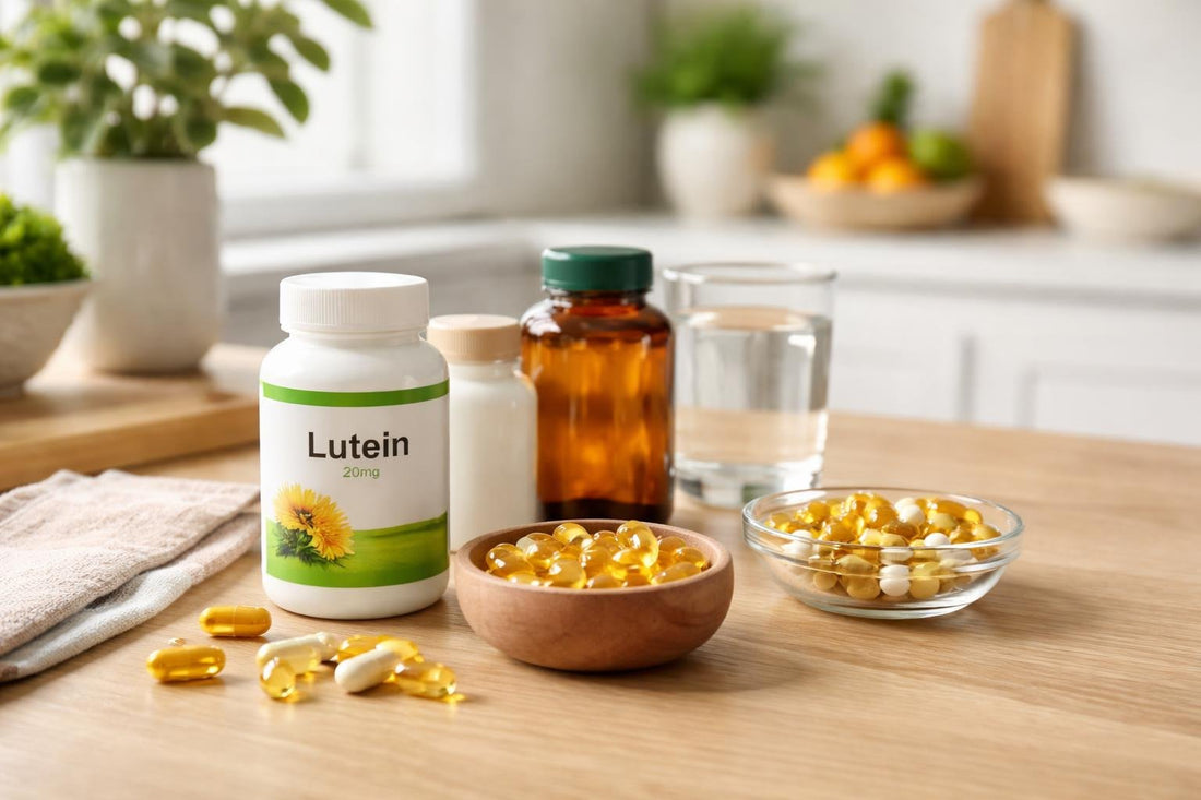 Budget lutein supplement capsules and softgels on table