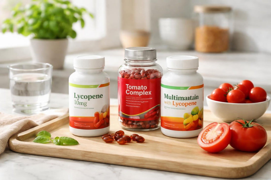 Budget lycopene nutritional supplements bottles on kitchen counter