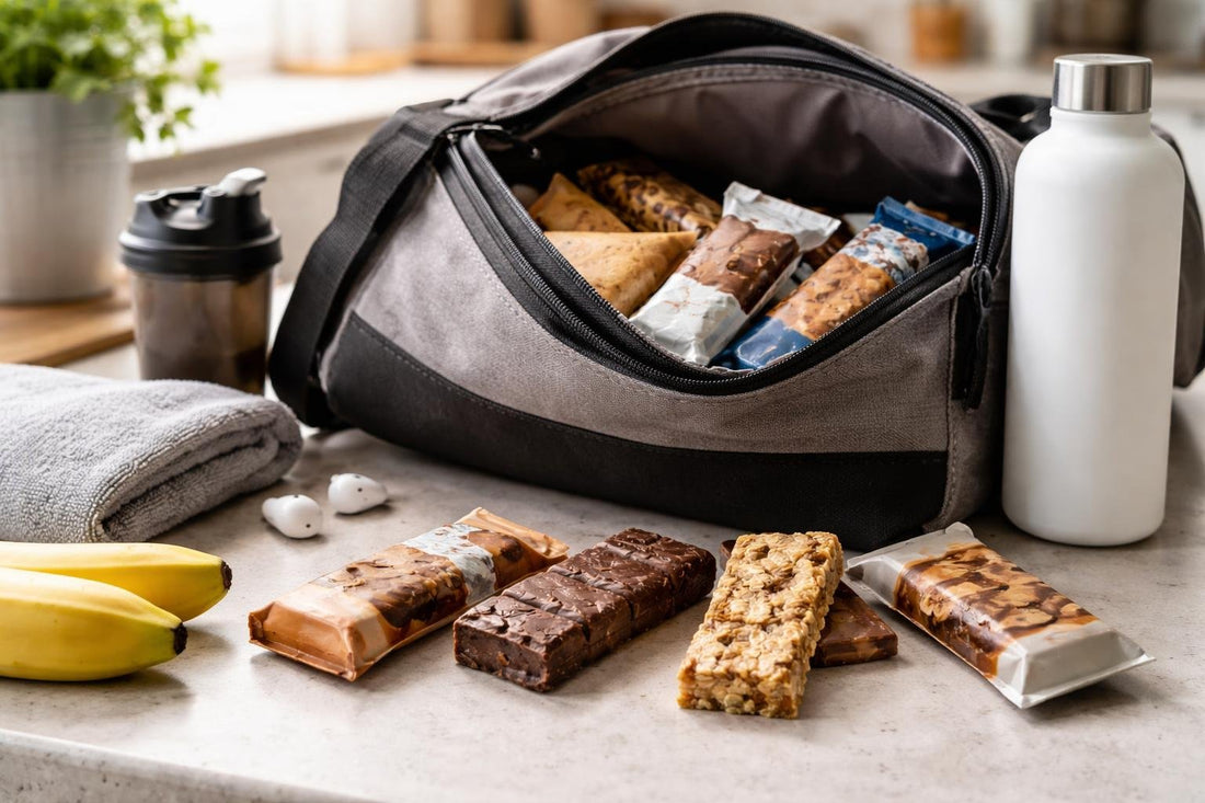 Assorted performance nutrition bars packed for gym bag