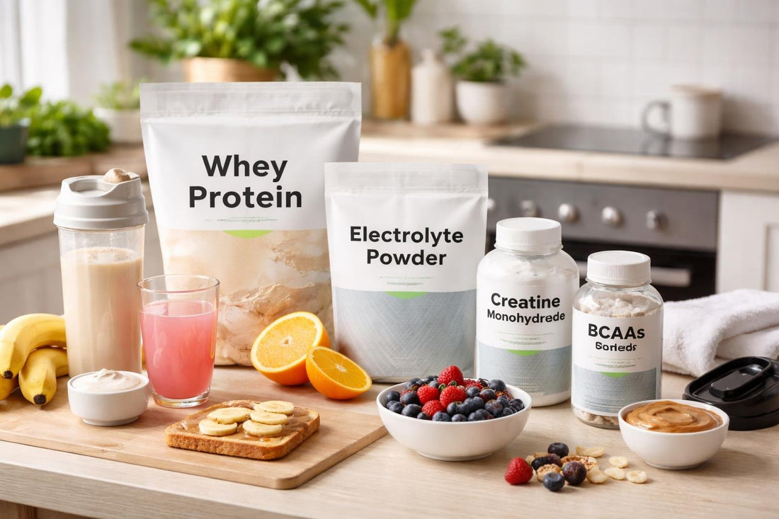 Budget post-workout recovery nutrition essentials laid out on table