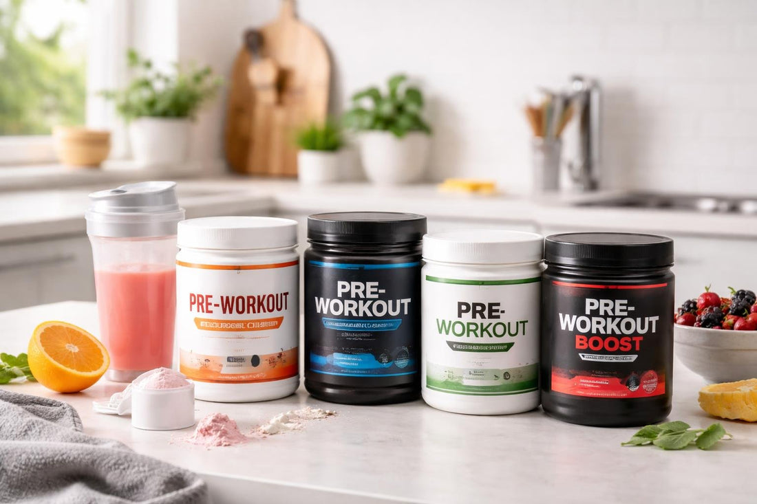 Selection of budget pre workout powders on display