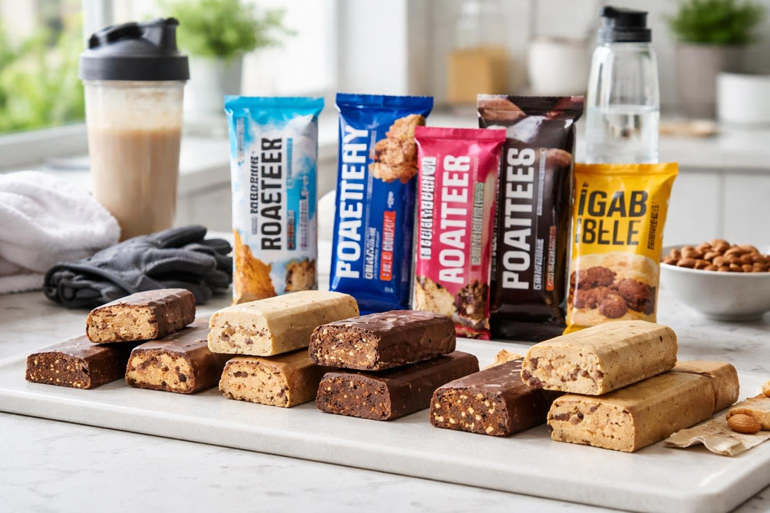 Affordable protein bars lined up for gym training snacks