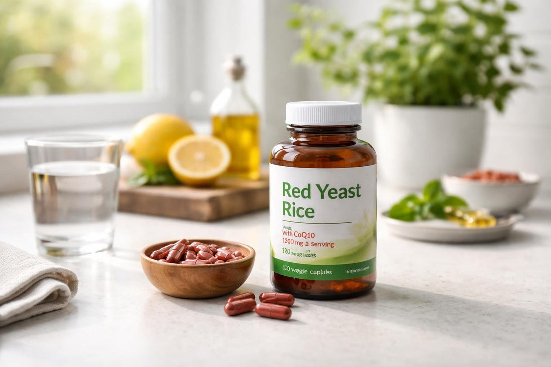 Budget red yeast rice supplement capsules on kitchen counter