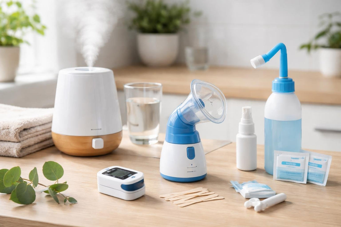 Budget respiratory aids and accessories laid out for home use
