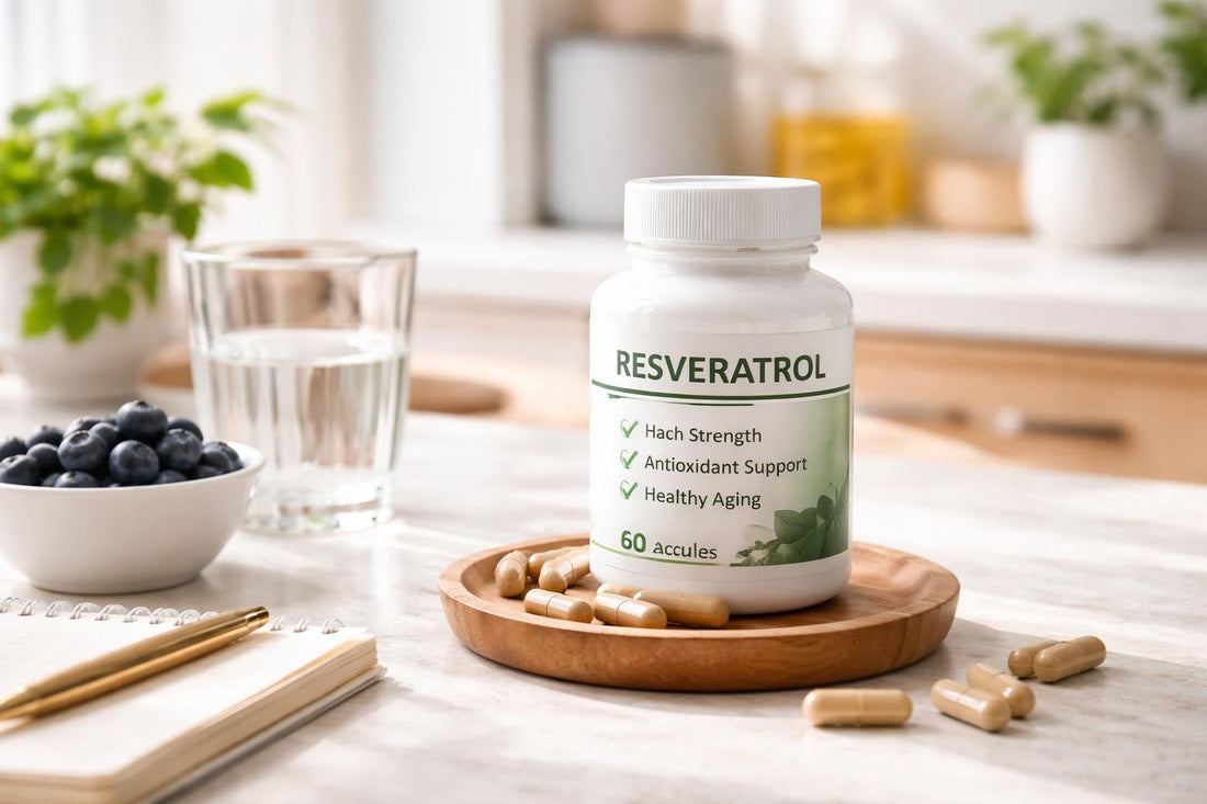 Budget resveratrol supplement capsules with label checklist in UK