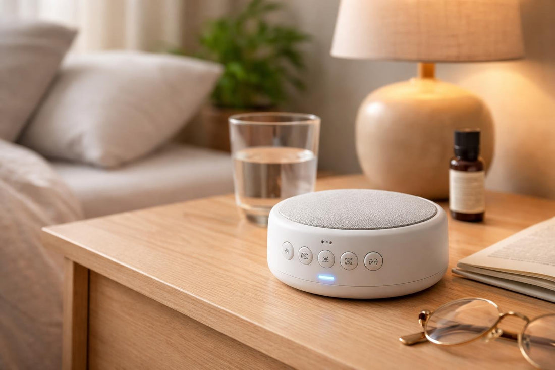 Budget sleep sound machine on bedside table in a flat