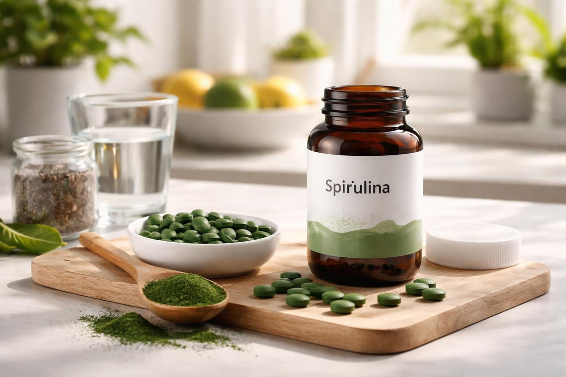 bottle of spirulina tablets and powder on table