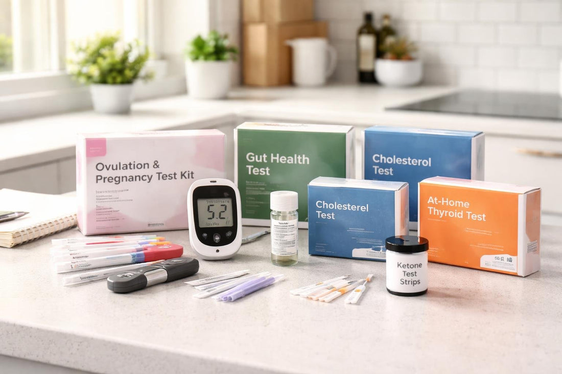 Selection of budget home medical test kits on table