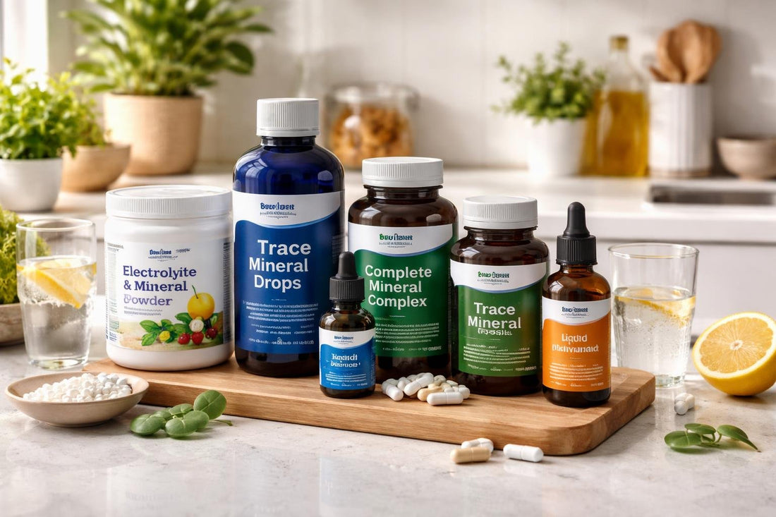 Budget-friendly trace mineral supplements arranged on a kitchen counter